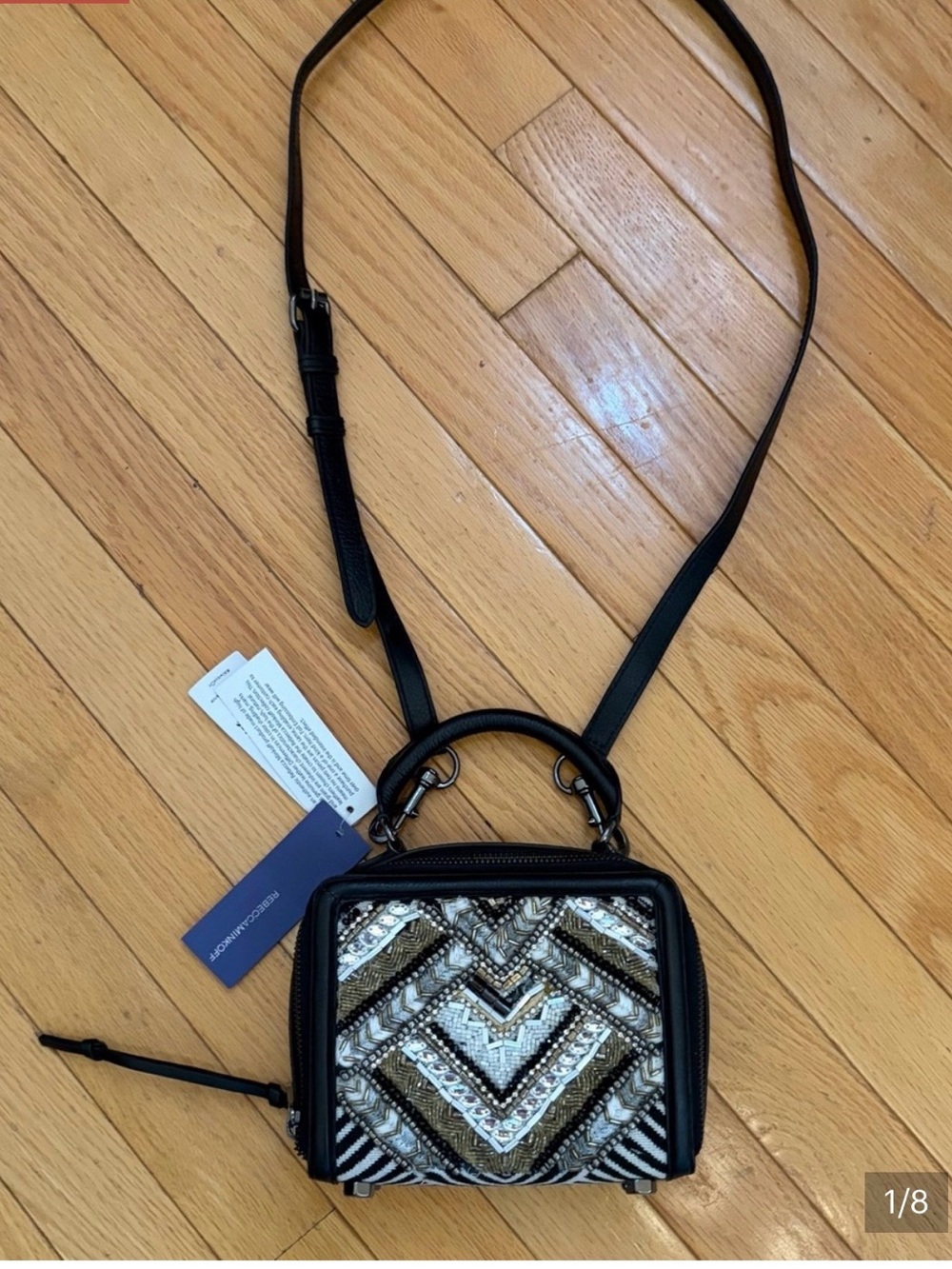 Rebecca Minkoff Black silver grey Beaded Chevron Crossbody **very small defect